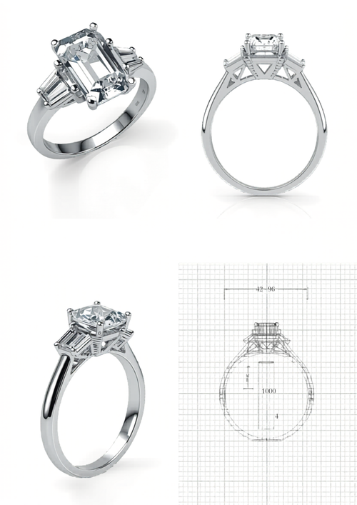 Emerald Cut Three-Stone Engagement Ring in Platinum — Design Concept